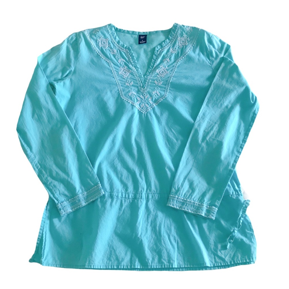Gap Tunic Shirt Women’s S Aqua Blue Embroidered Drawstring Cover Up Beach Top